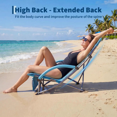 Woman relaxing on Two Pack Folding Beach Chairs For Adults With Cup Holder, Storage Pocket And Carry Bag by the beach.
