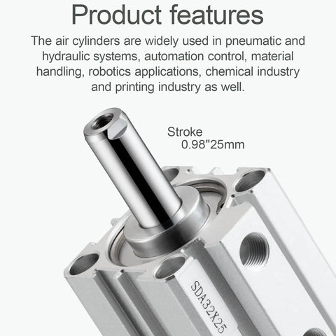 Pneumatic Air Cylinder 32mm Bore 25mm Stroke Double Action SDA 32x25 aluminum alloy with 1/8 PT port, front view showing stroke