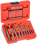 Open red case with left hand drill bit and heavy duty screw extractor set 37CrMo and 6542 HSS cobalt easy out remover, 10 piece.