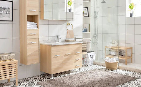 Modern bathroom with wooden cabinets, vanity, and open shower next to a tiled wall with a Gold Crystal Bathroom Accessories 4 Piece Set.
