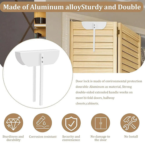 Dual Handle Door Security Lock Aluminum Kid And Pet Safe Bifold Cabinet And Playroom Lock Fits One And One Eighth To Three Eighth Inch Doors Perfect For Childproofing Closets And Play Areas Without Compromising Easy Access For Adults in use on a wooden bifold door highlighting durability and no-install design.