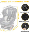 Diagram showing dimensions of padded car seat travel bag for airplane travel with shoulder strap, highlighting the dual lockable zipper and water-resistant material.