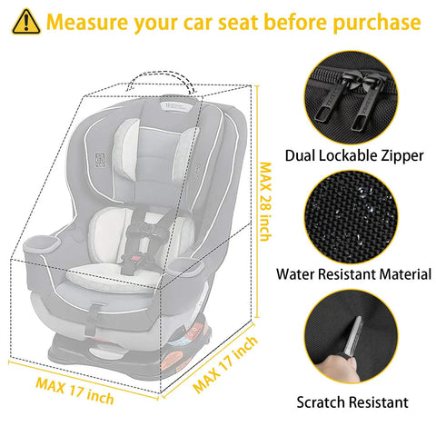Diagram showing dimensions of padded car seat travel bag for airplane travel with shoulder strap, highlighting the dual lockable zipper and water-resistant material.