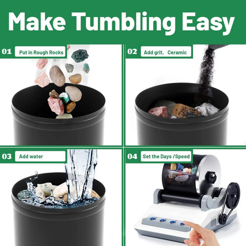 Rock Tumbler Kit For Kids And Adults with 2 Belts, Bag of Rough Stones, Grits in black tumbler steps tutorial