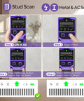 SUNMAY 7-in-1 Stud Finder Wall Scanner with Laser Level showing scanning steps for stud, metal, and AC detection.