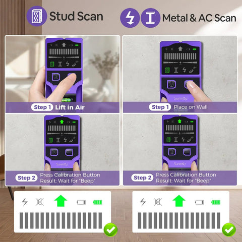 SUNMAY 7-in-1 Stud Finder Wall Scanner with Laser Level showing scanning steps for stud, metal, and AC detection.