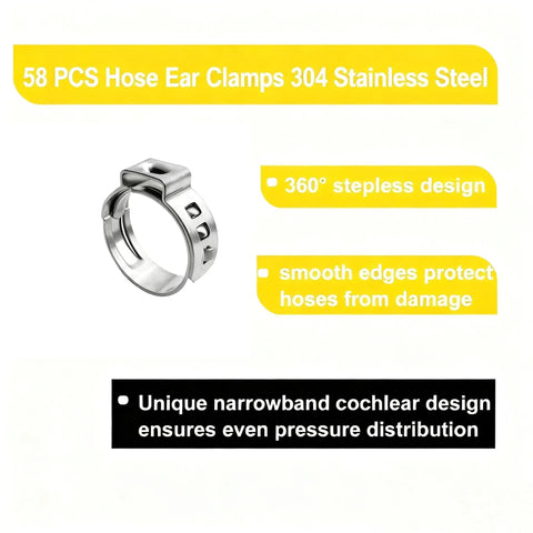 Beefy 304 Stainless Steel Hose Ear Clamp Set Fits 15mm To 17.5mm Hoses Single Ear Clip For Securing Pipes And Hoses In Automotive Marine Garden And Industrial Use 58 Pieces