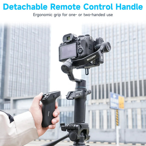 All In One Three Axis Gimbal Stabilizer For Camera Smartphone And Action Cam With Built In AI Tracking shown outdoors with camera.
