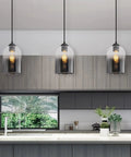 Dope Black Glass Pendant Lights 3 Pack Farmhouse Modern Hanging Island Light with adjustable cord in a kitchen setting