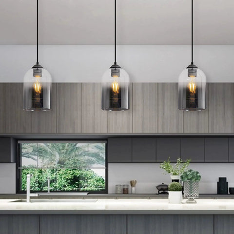Dope Black Glass Pendant Lights 3 Pack Farmhouse Modern Hanging Island Light with adjustable cord in a kitchen setting
