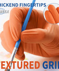 Orange nitrile disposable gloves with textured grip, medium, shown holding a paintbrush.
