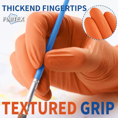 Orange nitrile disposable gloves with textured grip, medium, shown holding a paintbrush.