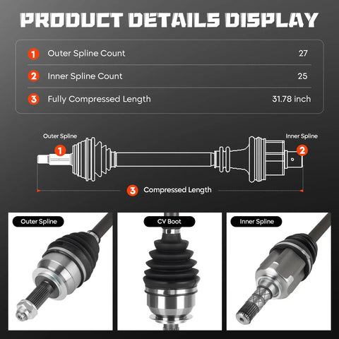 Top Shelf Front CV Axle Shaft Assembly Set Compatible With Subaru Forester Years 2014 To 2018 dimensions outer 27 inner 25 compress 31.78