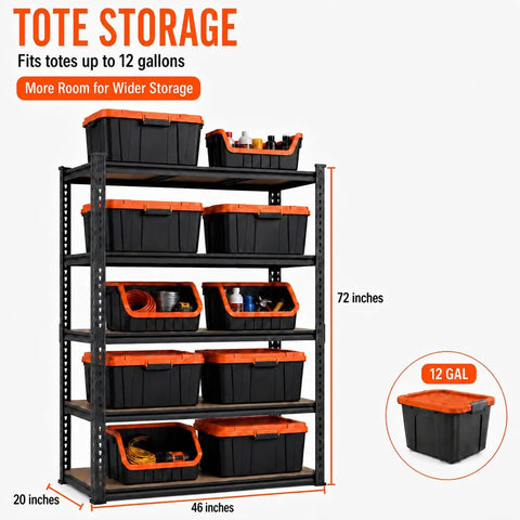 Extra Wide 46 Inch Garage Shelving System Heavy Duty Five Tier Storage Rack Holds 3000 Pounds Rock Solid Steel Frame Built Like A Tank For Garage Storage And Shop Organization