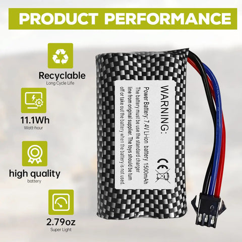 2 Pack 7.4V 1500mAh SM-3P Plug Lithium RC Battery With USB Charging Cable for RC toys, showing product performance details.