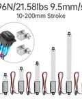 12 Volt Mini Linear Actuator With Rocker Switch Rock Solid for Heavy Duty Push Pull Projects, showing various stroke lengths and switch.