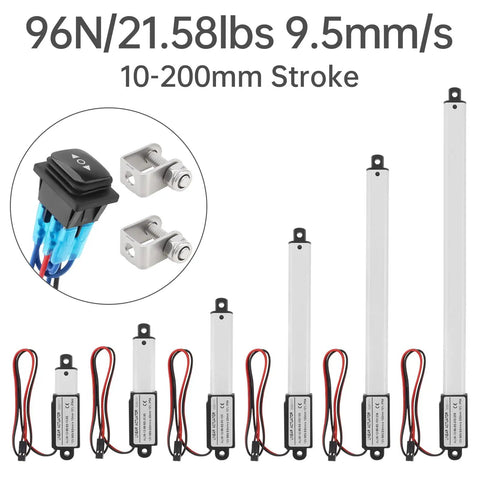 12 Volt Mini Linear Actuator With Rocker Switch Rock Solid for Heavy Duty Push Pull Projects, showing various stroke lengths and switch.