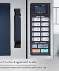 Touch screen control of NE 1054F Grab And Go Ready Compact Light Duty Countertop Commercial Microwave Oven with presets visible
