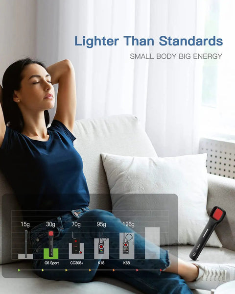 Woman relaxing with G6 Sport Anti Spy Hidden Camera Detector, showing lightweight 30g design in comparison to other models.