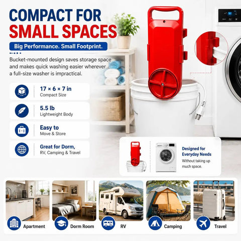 Portable 5 Gallon Mini Clothes Washer With Digital Timer And Quick Turn Spin Action shows red compact laundry system mounted on a bucket.