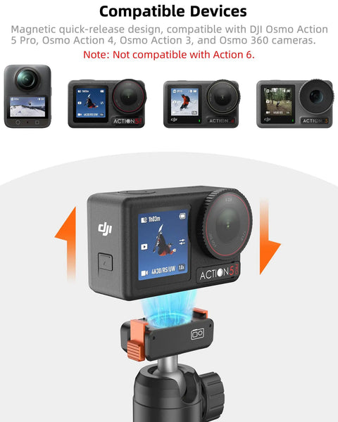 Magnetic Travel Selfie Stick Tripod For DJI Action Cameras showing compatibility with Action 5, 4, 3, and 360 models.