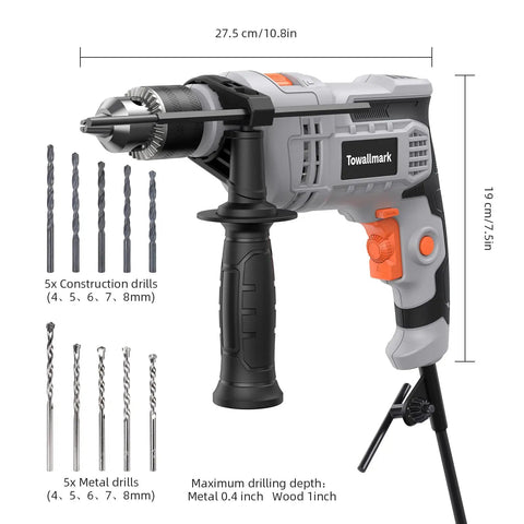 Beefy 7 Amp Hammer Drill Corded 1/2 Inch Chuck 3000 RPM Variable Speed With 10 Drill Bits for wood masonry steel DIY home improvement
