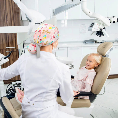Dentist wearing 8 Pack Women's Scrub Caps With Buttons In Eight Different Patterns Adjustable Bouffant Surgical Hat With Ponytail Holder
