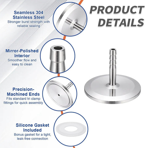 Top Shelf Pro Grade One Point Five Inch Tri Clamp To Quarter Inch Hose Barb Adapter Connector Solid SUS304 Stainless Steel showing precision-machined ends and silicone gasket.
