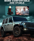 Image showing a rugged Jeep on rocky terrain with an inset of a coil spring assembly, highlighting comfort from better shock absorption.