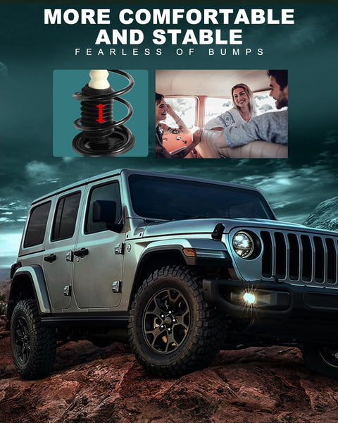 Image showing a rugged Jeep on rocky terrain with an inset of a coil spring assembly, highlighting comfort from better shock absorption.