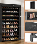 Tall Narrow 10 Tier Shoe Rack With Cover, Vertical Shoe Organizer For Closet Or Entryway, Holds 50-55 Pairs Of Shoes And Boots, Dustproof No-Fuss Freestanding Cabinet For Garage Or Mudroom, Black, shown in a room with shoes and pockets