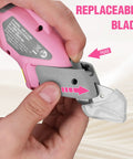 Workpro 4V Cordless Electric Scissors With Rechargeable Power Shears showing replaceable blade mechanism for easy use.