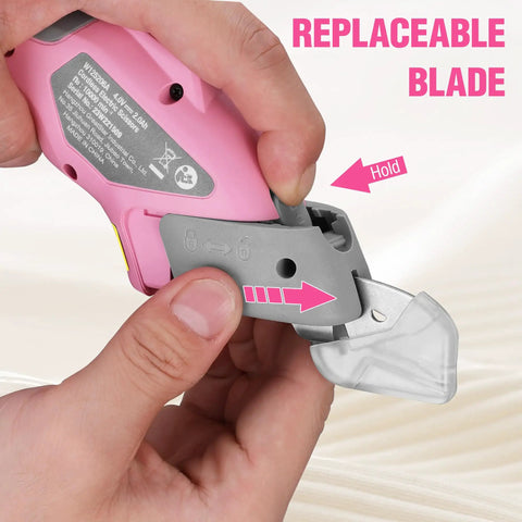 Workpro 4V Cordless Electric Scissors With Rechargeable Power Shears showing replaceable blade mechanism for easy use.