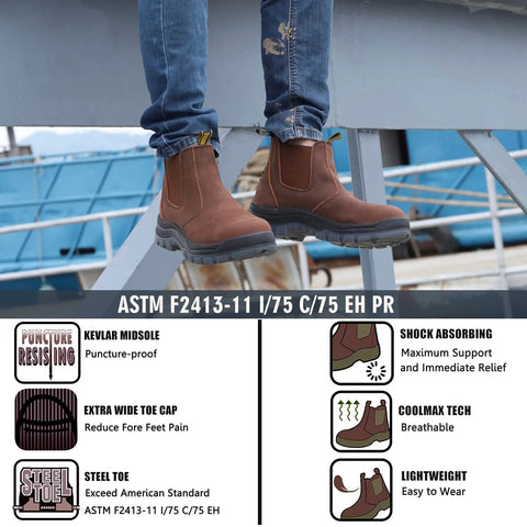 Men's Steel Toe Waterproof Work Boots With Slip Resistant Outsole And Anti Static Safety Shoes Built For The Job Site All Day Comfort With A Wide Toe Box ASTM F2413 I 75 C 75 Rated For Tough Work, featuring brown leather boots on job site.