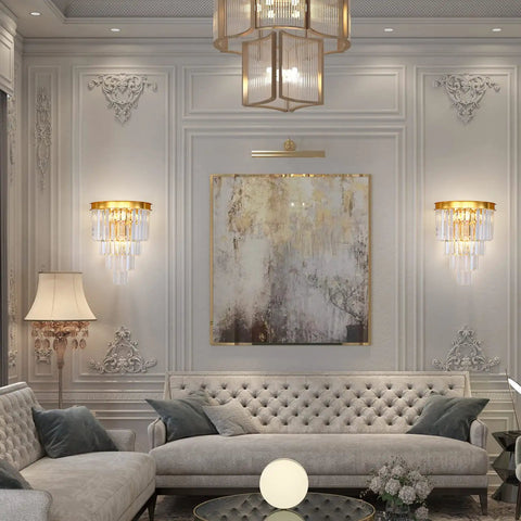 Elegant living room with Gold Crystal Wall Sconce Lighting Fixture With Four Tier K9 Crystals flanking a modern art piece.