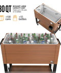 80 Quart Rolling Ice Chest On Wheels With Waterproof Cooler Cover For Outdoor Patio Deck Parties, filled with cans and bottles.