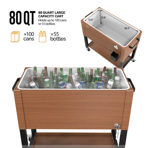 80 Quart Rolling Ice Chest On Wheels With Waterproof Cooler Cover For Outdoor Patio Deck Parties, filled with cans and bottles.