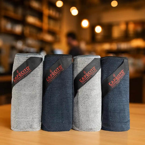 Barista Microfiber Cloths 4 Pack For Espresso Machines And Coffee Stations Pro Grade Cleaning Towels, grey and black, rolled view