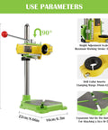 Image showing Beefy Floor Drill Press Stand and Work Station Table Top with 90 Degree Rotating Frame, dimensions and specs detailed.