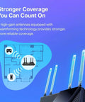 AX1800 WiFi 6 Router Archer AX21 V5 Dual Band Gigabit Internet with highlighted antennas and coverage map.