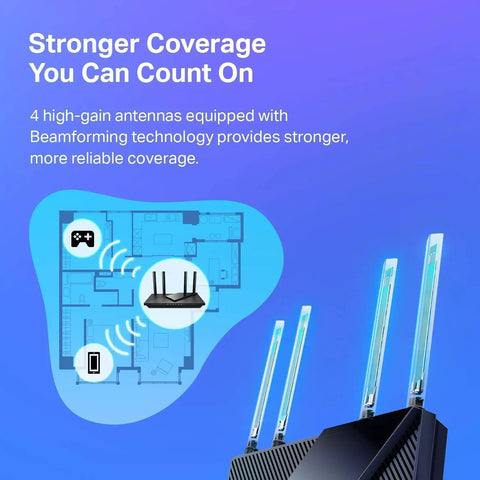 AX1800 WiFi 6 Router Archer AX21 V5 Dual Band Gigabit Internet with highlighted antennas and coverage map.
