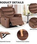 Manual Recliner Chair for Adults With Overstuffed Arms and Back Upholstered Fabric Sofa for Living Room in Brown