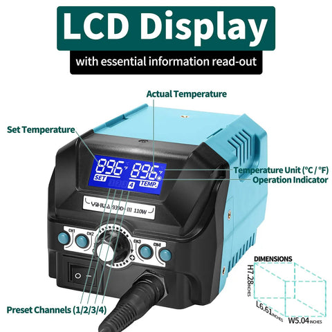 Pro Grade 110W Digital Soldering Station Kit With LCD Display And Sleep Mode, Four Memory Channels, Digital Calibration, Helping Hands, Magnifier, Solder Wire, And Three Replacement Tips