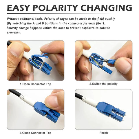 Four-step guide showing easy polarity changing of 100FT OS2 LC to LC Armored Fiber Optic Cable With Tough As Nails Industrial TPU Jacket Heavy Duty Waterproof UV Resistant 5MM OD Outdoor Patch Cord