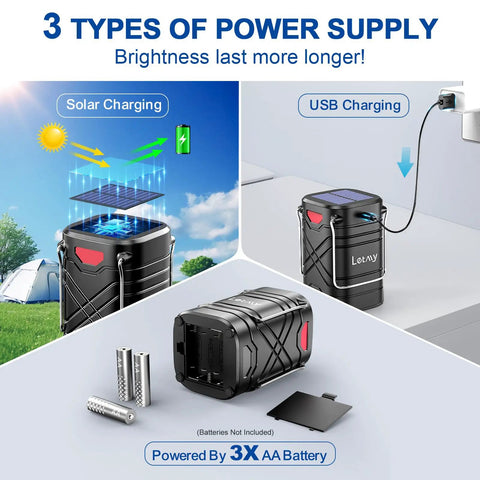 4 Pack LED Camping Lanterns With Solar USB Rechargeable AA Battery Power Options illustrating solar, USB, and AA charging methods