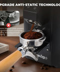 Straight Fire Coffee Setup With This Legit Heavy Duty Commercial Grinder Using A Sharp 64 Millimeter Flat Burr And Eight Fine Tuned Settings For Daily Espresso Or French Press Perfection, showing anti-static technology dispelling coffee grounds.