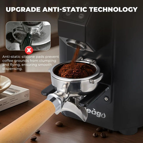 Straight Fire Coffee Setup With This Legit Heavy Duty Commercial Grinder Using A Sharp 64 Millimeter Flat Burr And Eight Fine Tuned Settings For Daily Espresso Or French Press Perfection, showing anti-static technology dispelling coffee grounds.