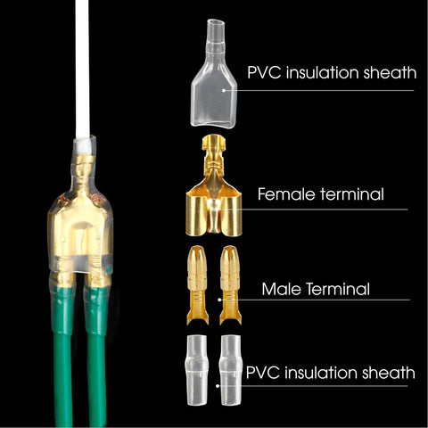 50 Pack Double Spade Wire Connectors For Motorcycle Wiring, 2 To 1 Splice, 4mm Bullet Crimp Terminals, Heat Shrink Butt, Transparent Sleeve