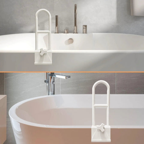 Bathtub Safety Rail With Adjustable Clamp And Grasp Handle For Easy Entry And Exit Heavy Duty Stainless Steel With No Slip Grip on tub