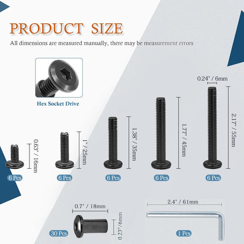 M6 Socket Cap Bolt Kit For Furniture, 30 Piece Set With Allen Wrench shown with measurements and hex socket drive detail.